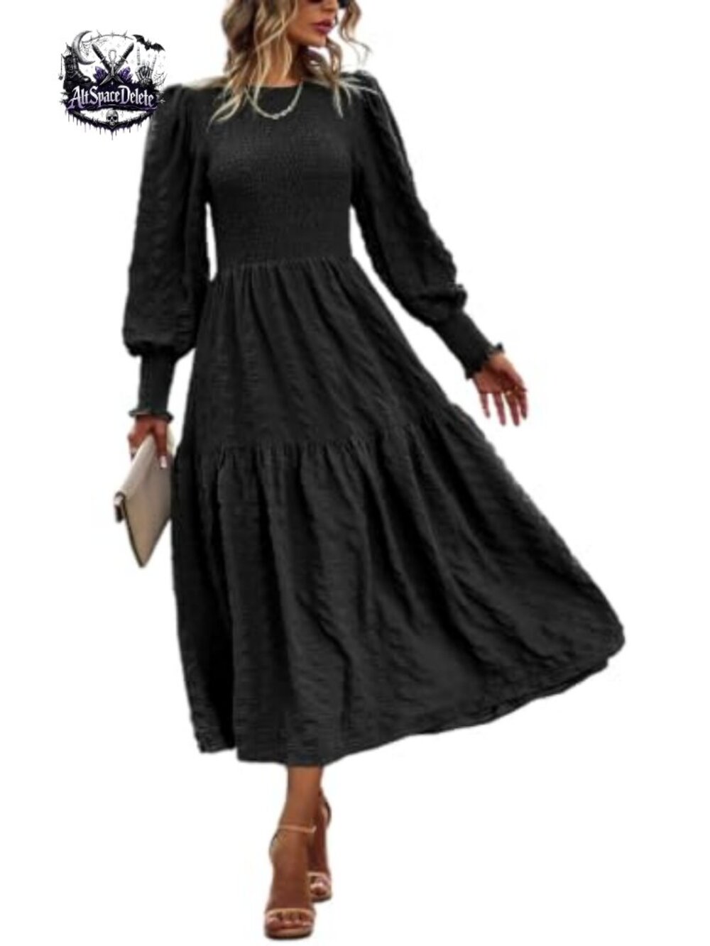 Women Puff Long Sleeve Smocked Maxi Dress Empire Waist Tiered A-line Flowy